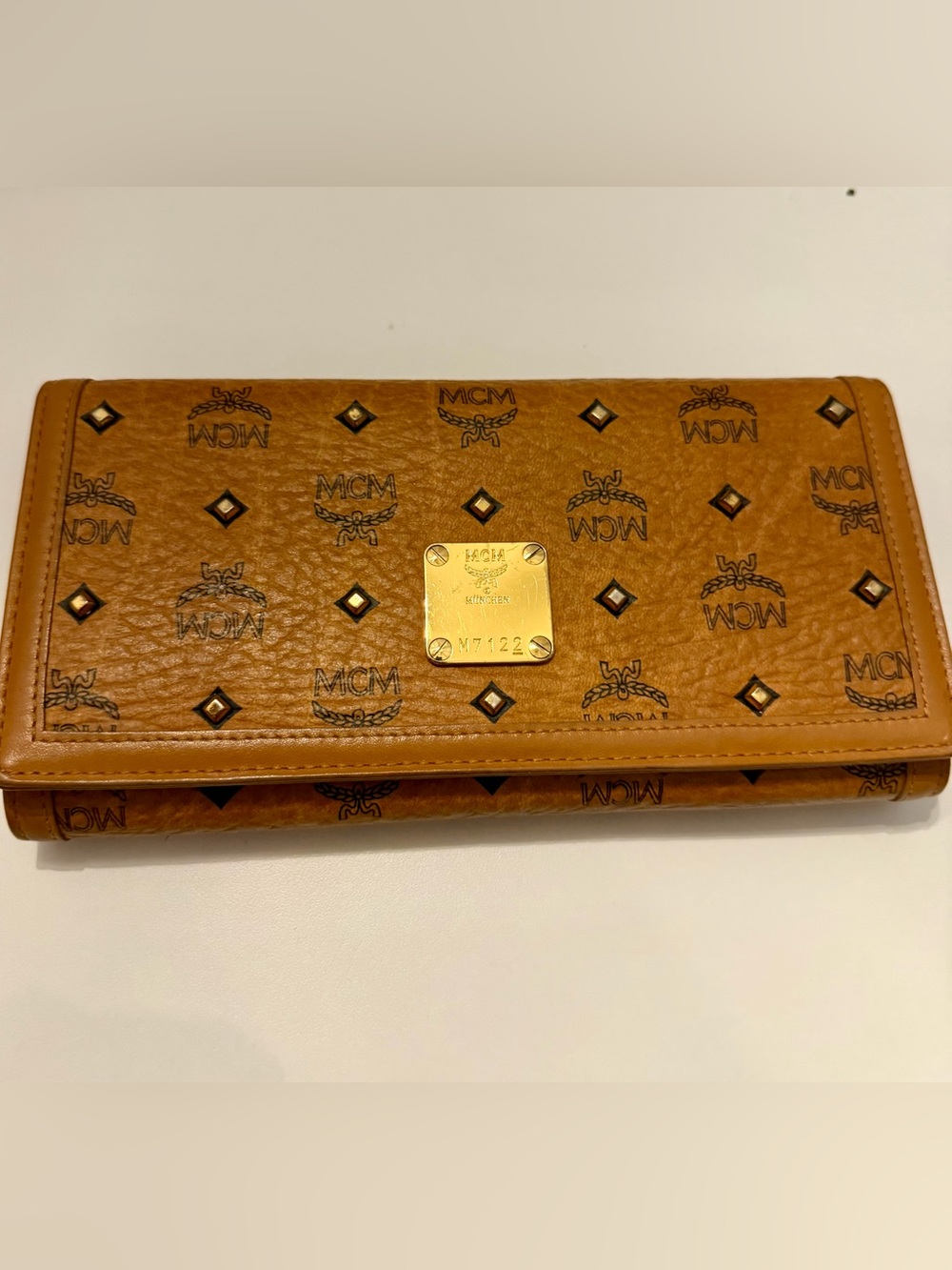 MCM Cognac Visetos Logo Continental Wallet with Gold Plaque